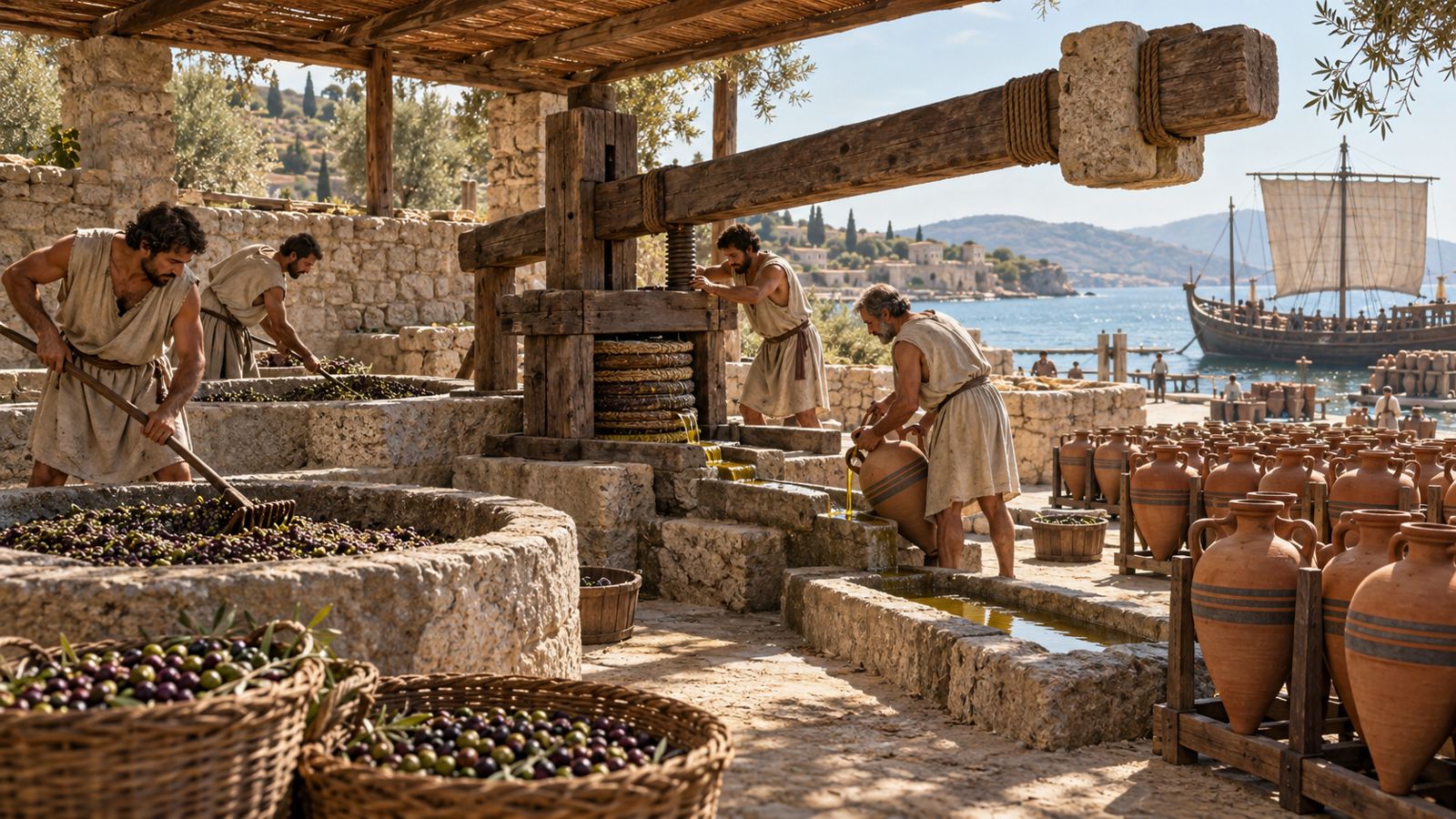 Antik zeytinyağı işliğinde zeytin sıkan işçiler ve amphoralar