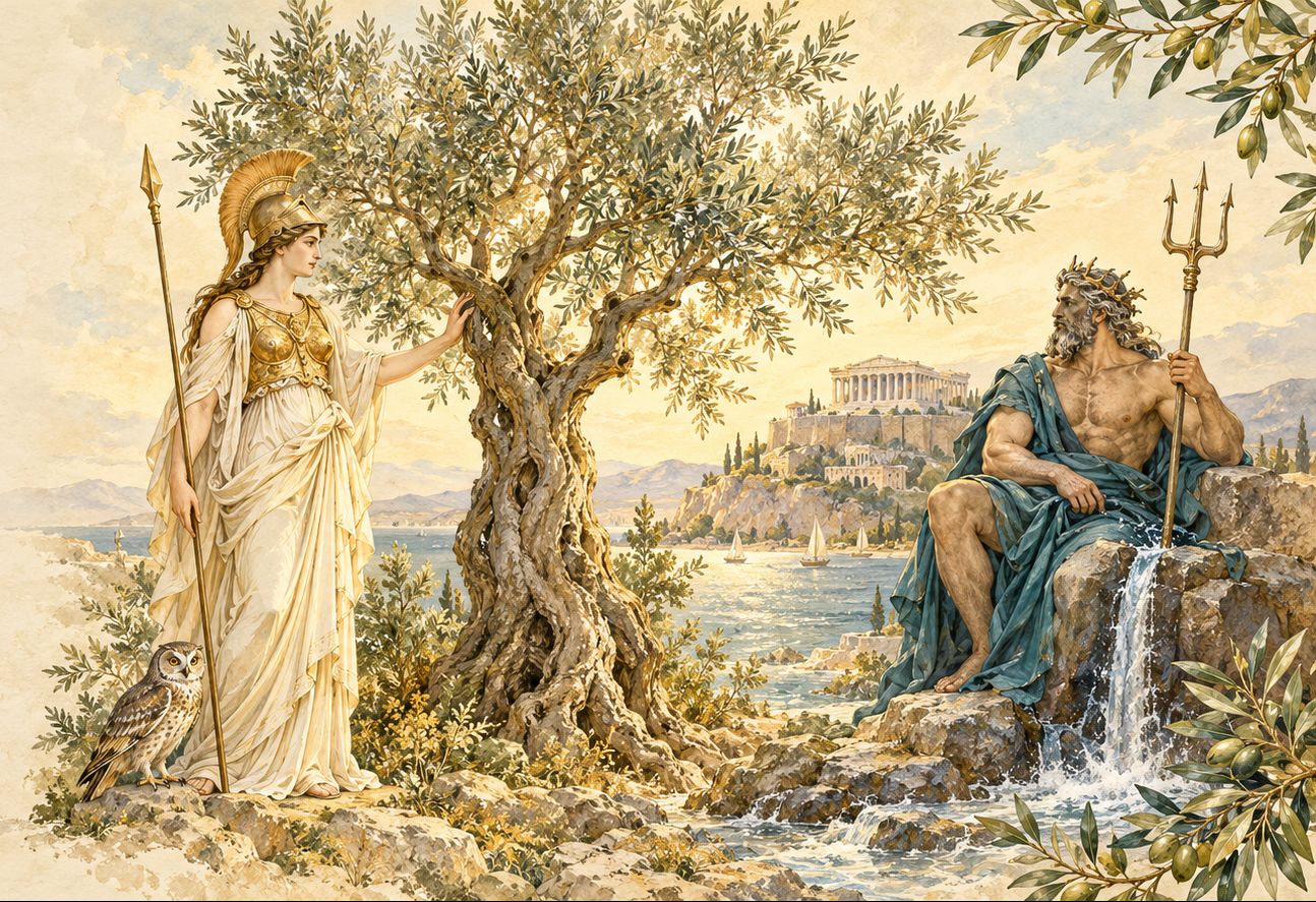 Athena zeytin ağacını, Poseidon tuzlu suyu sunuyor