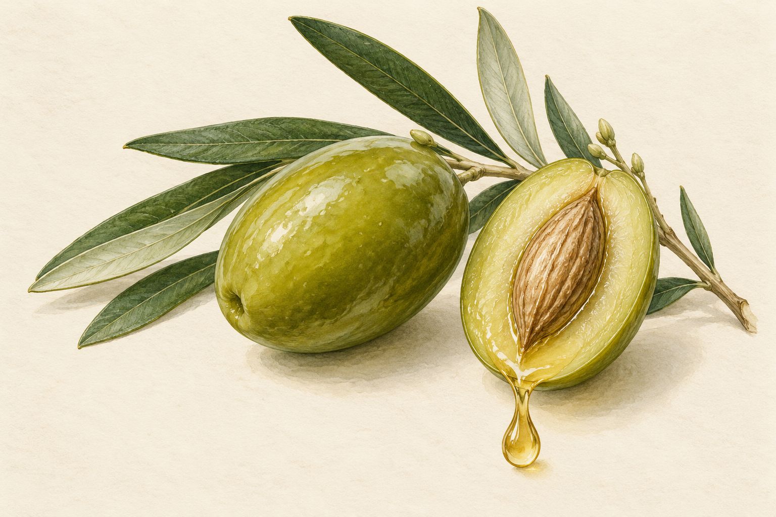 Zeytin tanesi ve kesiti, süzülen yağ damlası