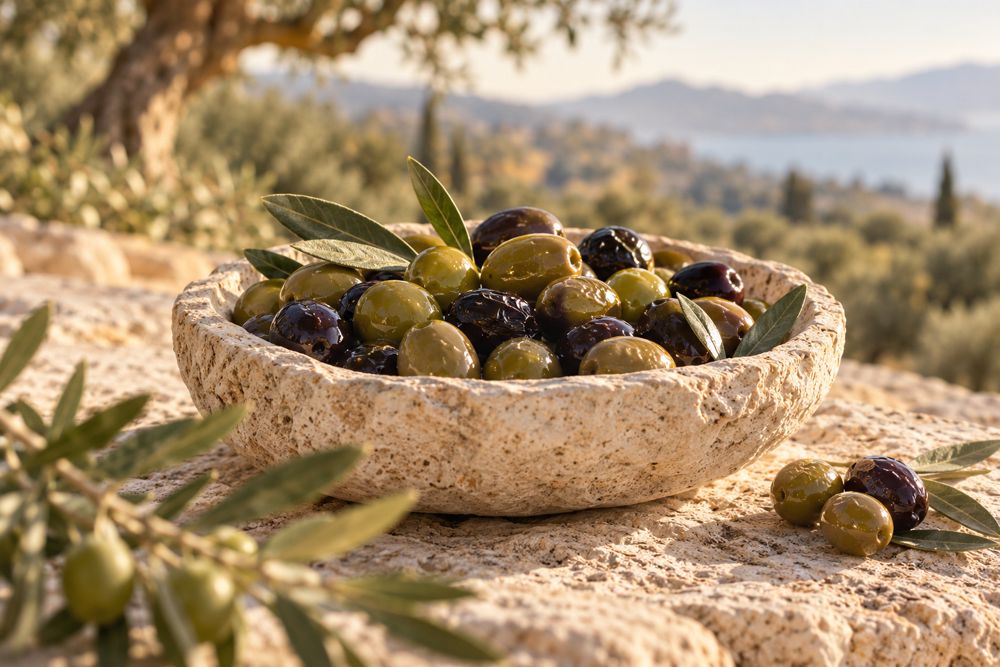 Taş kâsede yeşil ve siyah sofralık zeytin