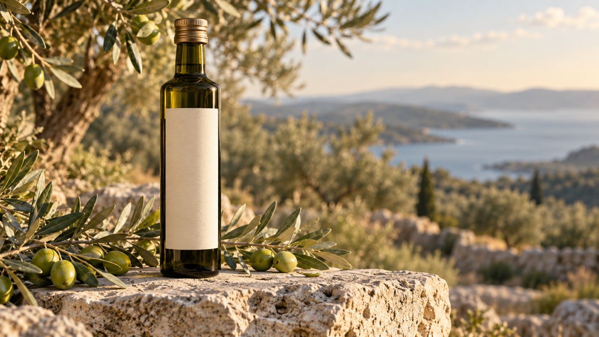 Atena Olive zeytinyağı şişesi, Ege kıyısında taş üzerinde